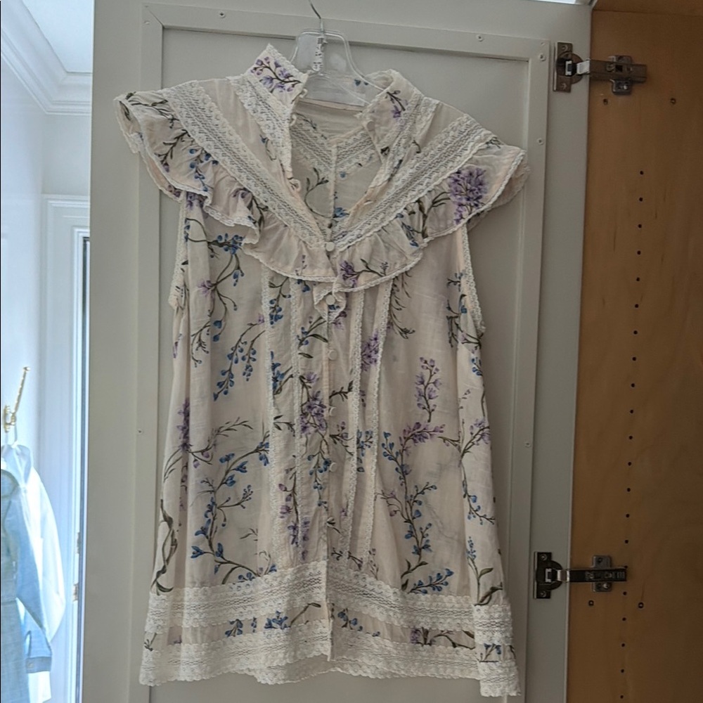 ZIMMERMANN- Boho Floral Lace Trim Sleeveless Tunic - Cream with Lavender & Blue